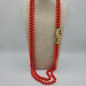 J Crew Reddish Orange Double Strand Beads with Gold Tone Crystal Seahorse